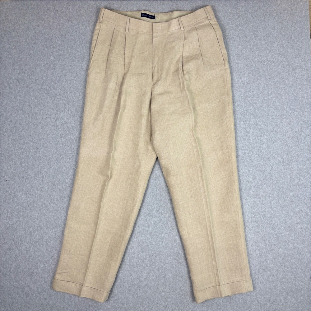 Grant Thomas Mens 36x30 Beige 100% Linen Pleated Cuffed Dress Pants Trousers